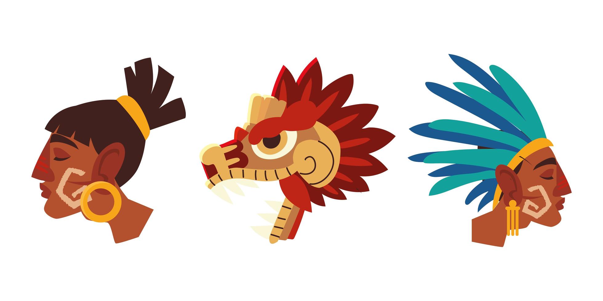 aztec warrior faces traditional headgear feathers and snake icons vector