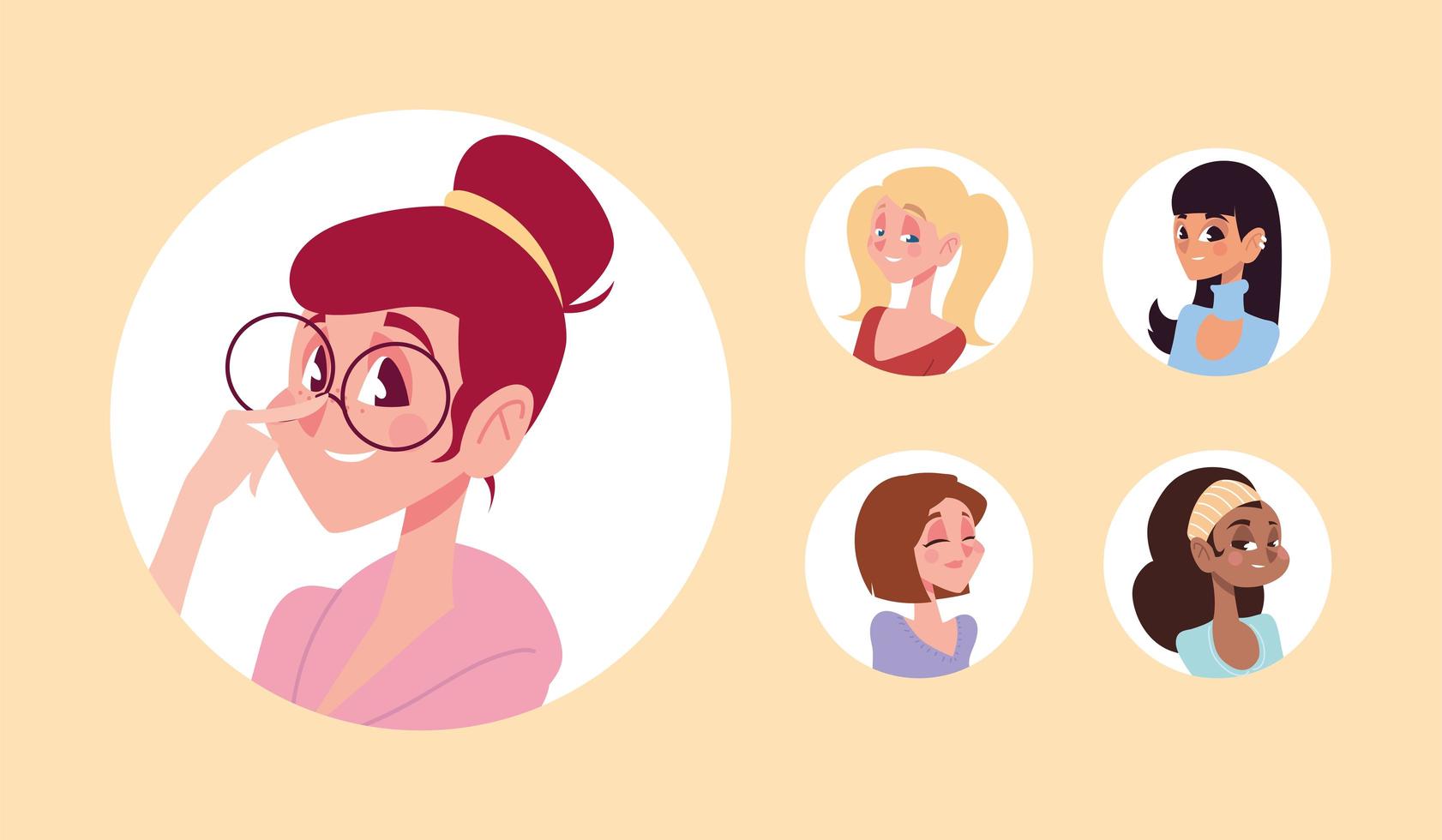 women characters avatar in cartoon round icon collection vector