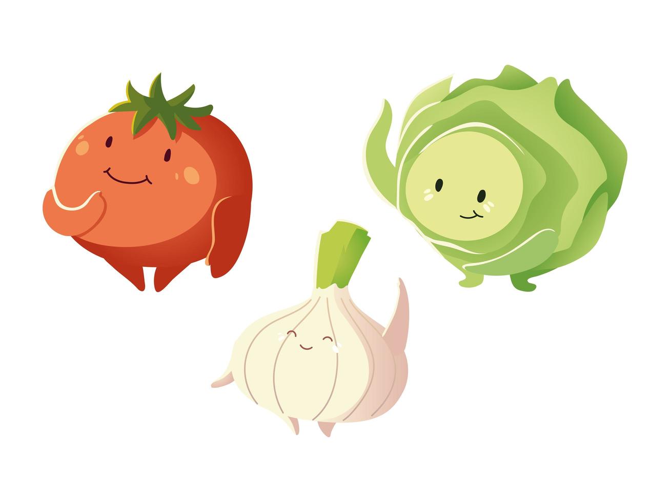 Divertida colección cebolla lechuga y tomate vegetales detallados dibujos animados vector