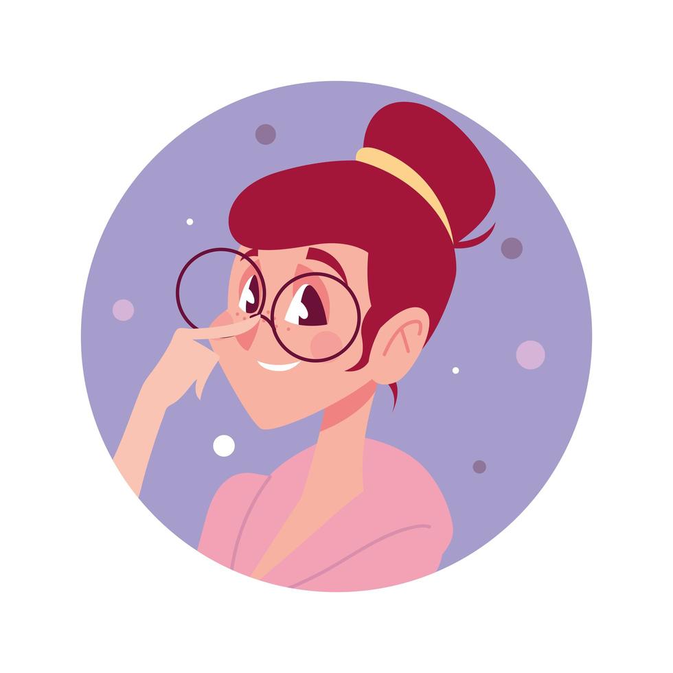 avatar de personaje de mujer con gafas en icono redondo de estilo plano de dibujos animados vector