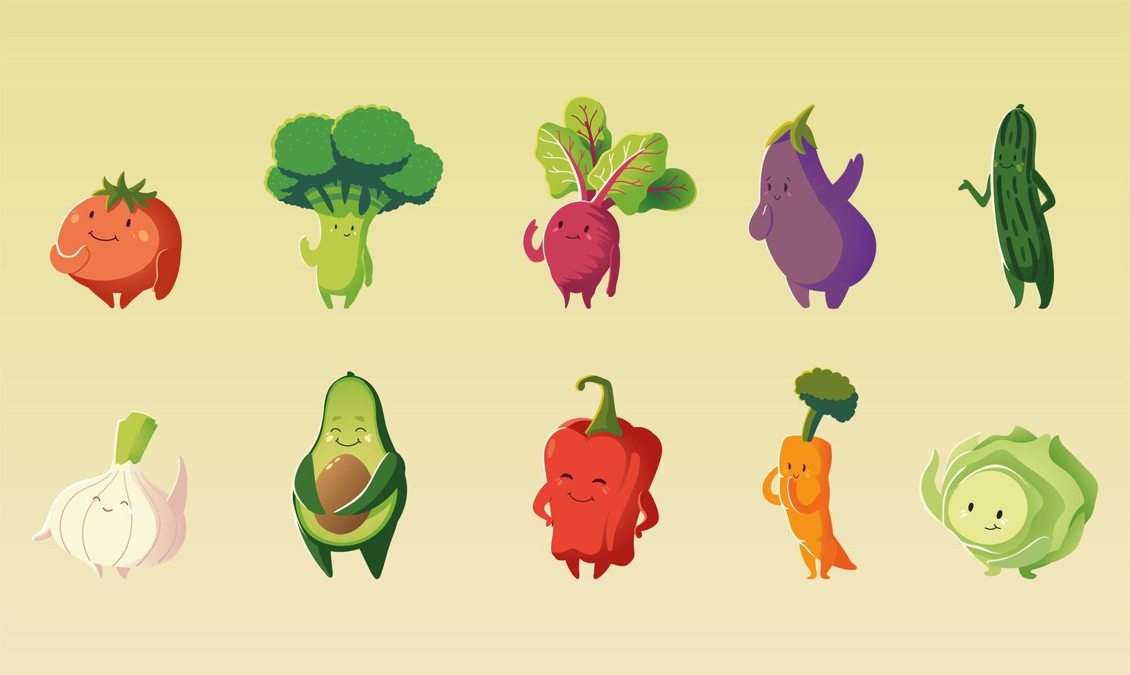 cute tomato broccoli carrot eggplant lettuce vegetables cartoon detailed icon set vector