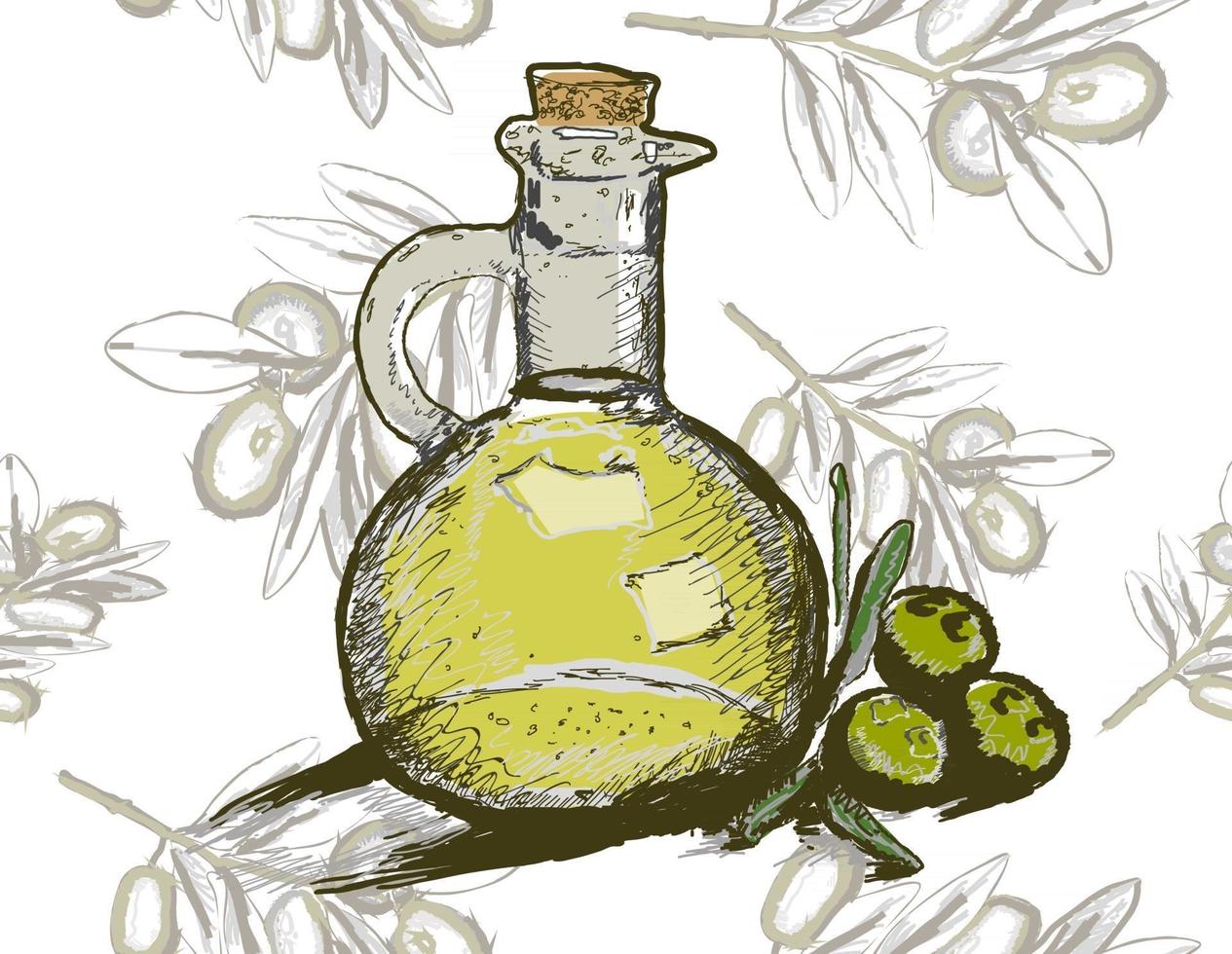 Vector bottle of olive oil with olive branch Seamless pattern