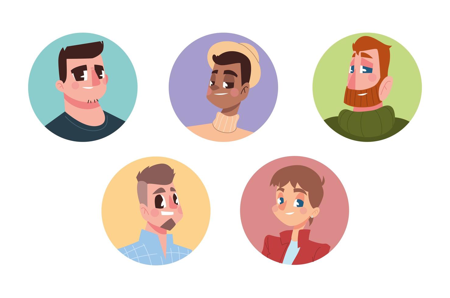 avatar de personajes de diferentes estilos de hombres en icono redondo de dibujos animados vector