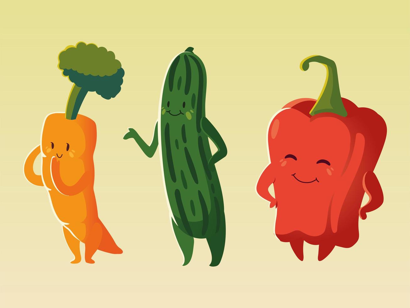 lindo pepino fresco zanahoria y pimiento verduras dibujos animados detallados vector