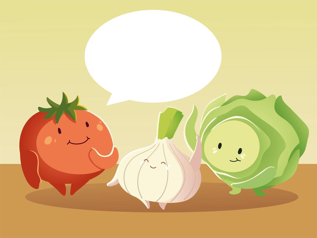 lindo tomate lechuga y cebolla hablando verduras dibujos animados detallados vector