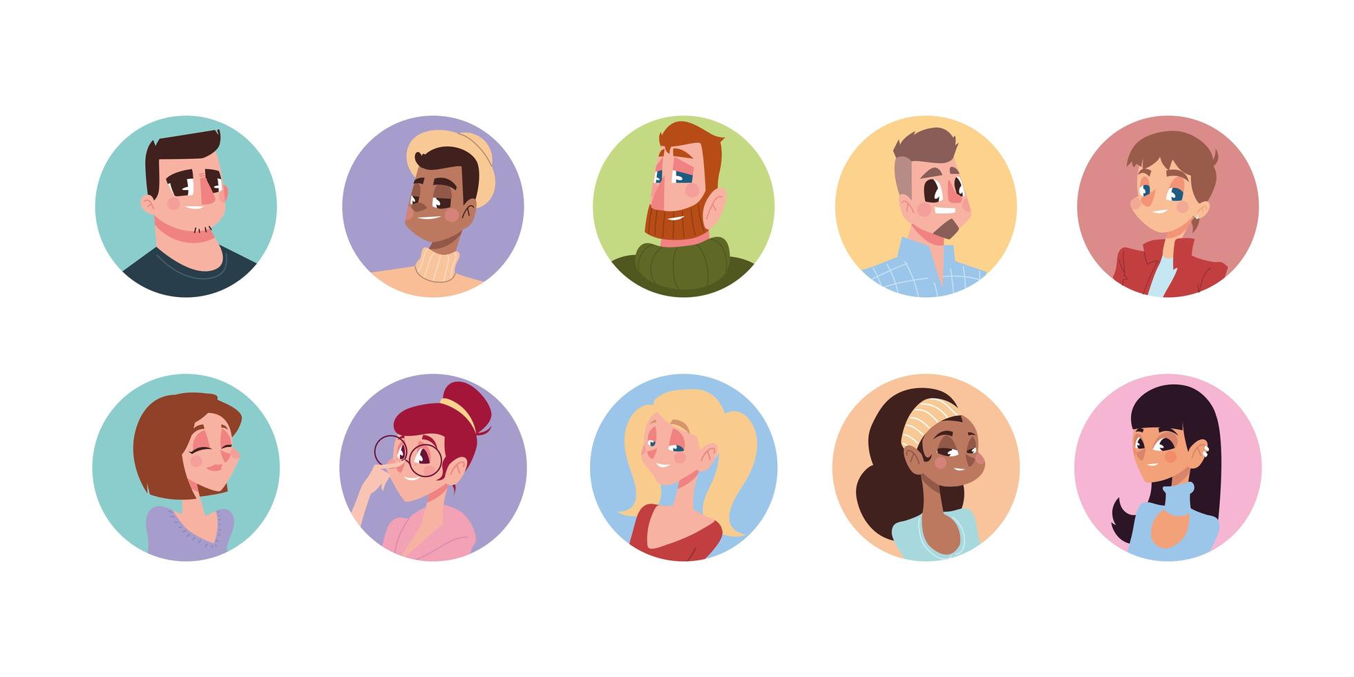 Avatar de personajes de hombres y mujeres diferentes en icono redondo de dibujos animados vector