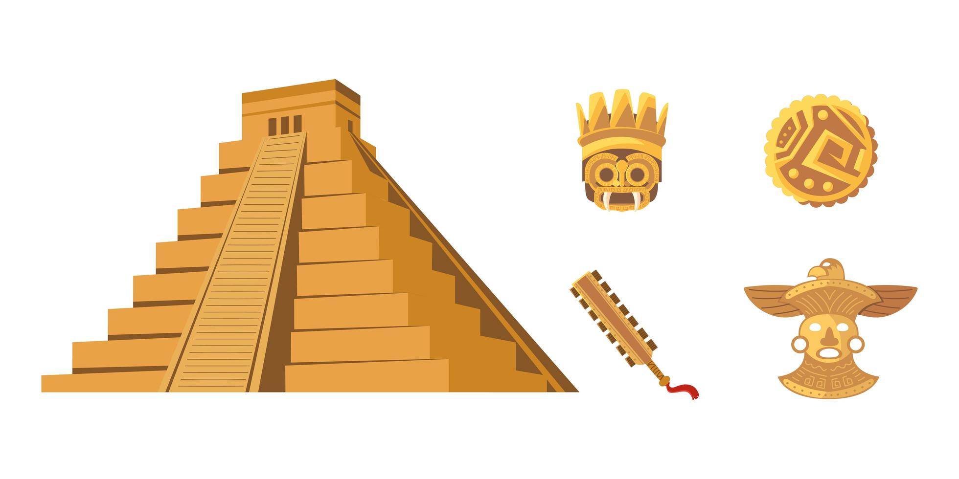 pirámide azteca arma moneda máscara ornamento iconos vector