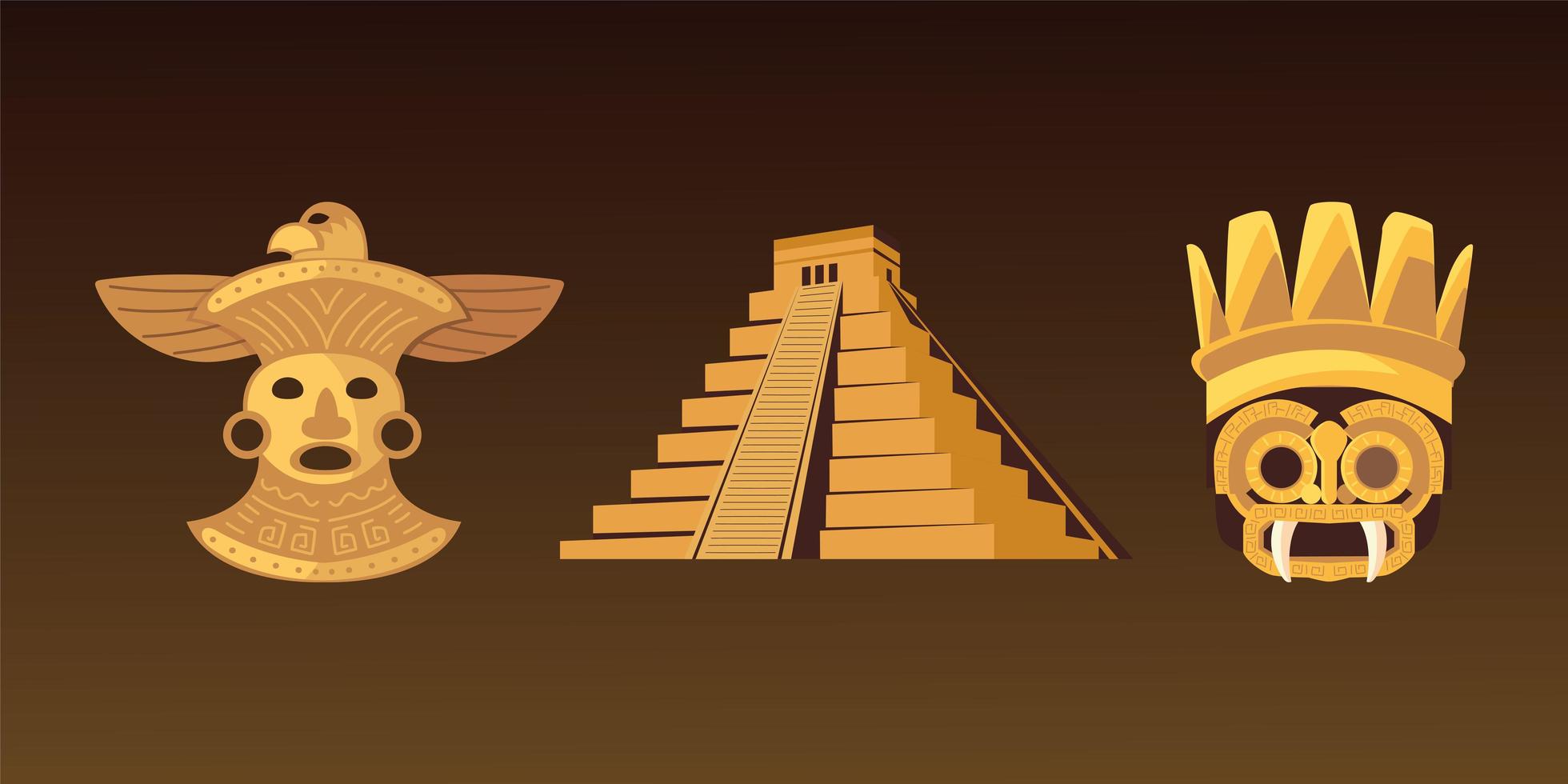 adorno azteca, máscara de oro, y, pirámide, iconos vector