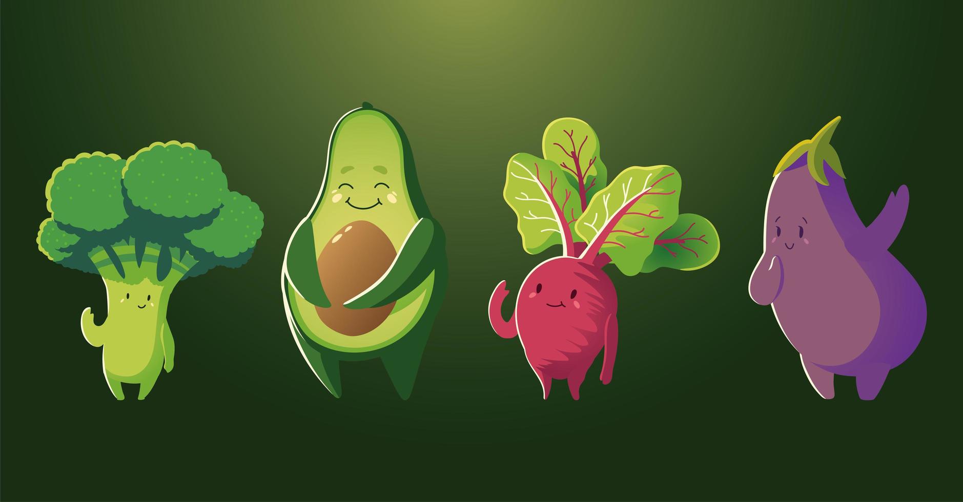 brócoli aguacate berenjena y rábano verduras frescas dibujos animados fondo verde detallado vector