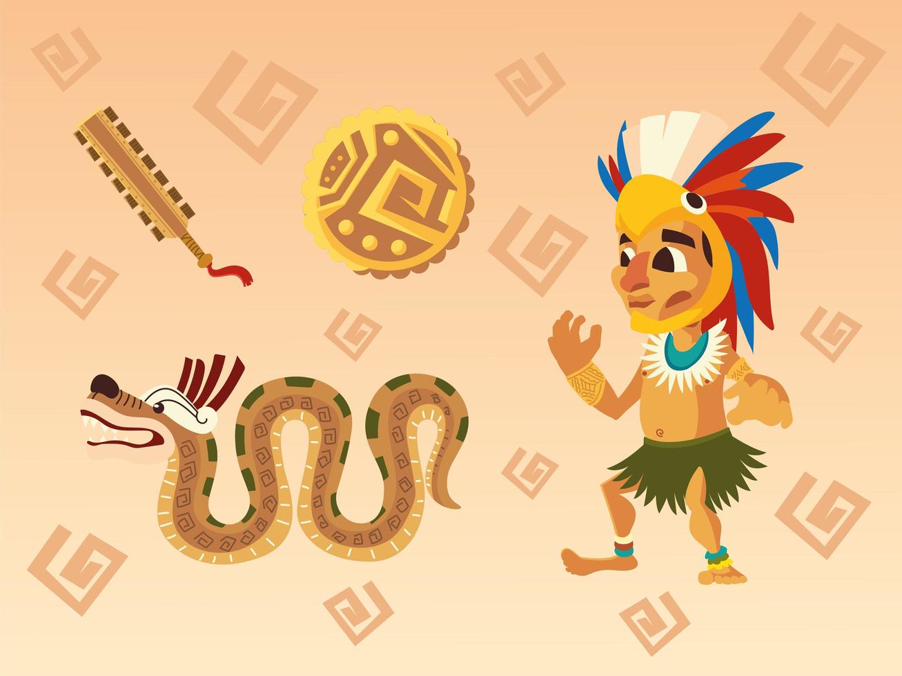 aztec warrior in traditional feather headgear snake coin and weapon set icons vector