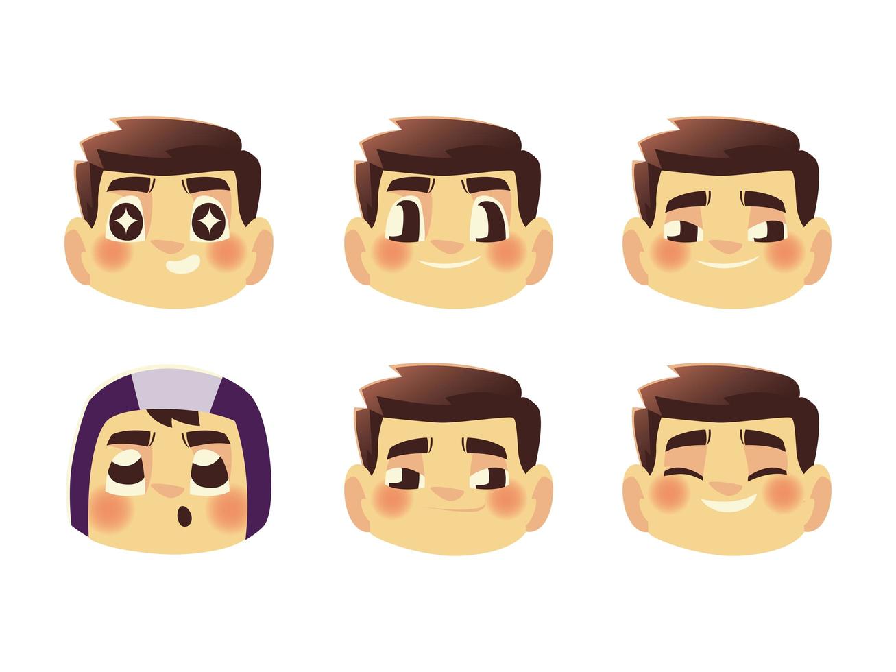 set of faces young man character cartoon vector