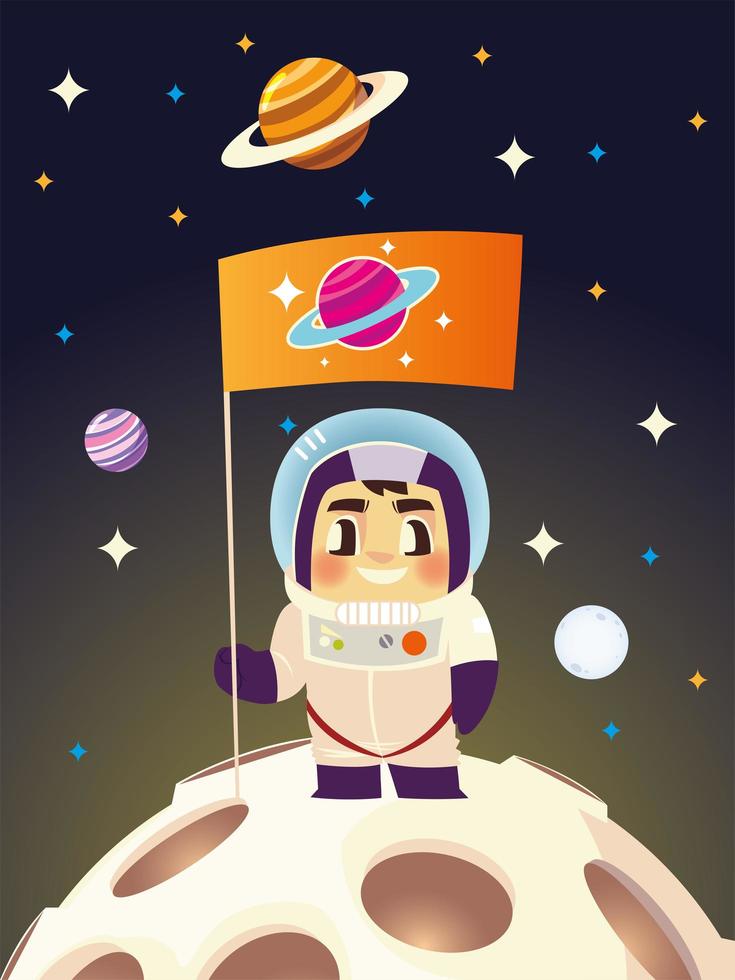 cute astronaut with flag explore planet cartoon space vector