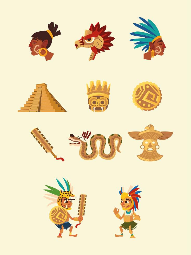 carácter azteca gente serpiente pirámide arma iconos de la cultura nativa vector