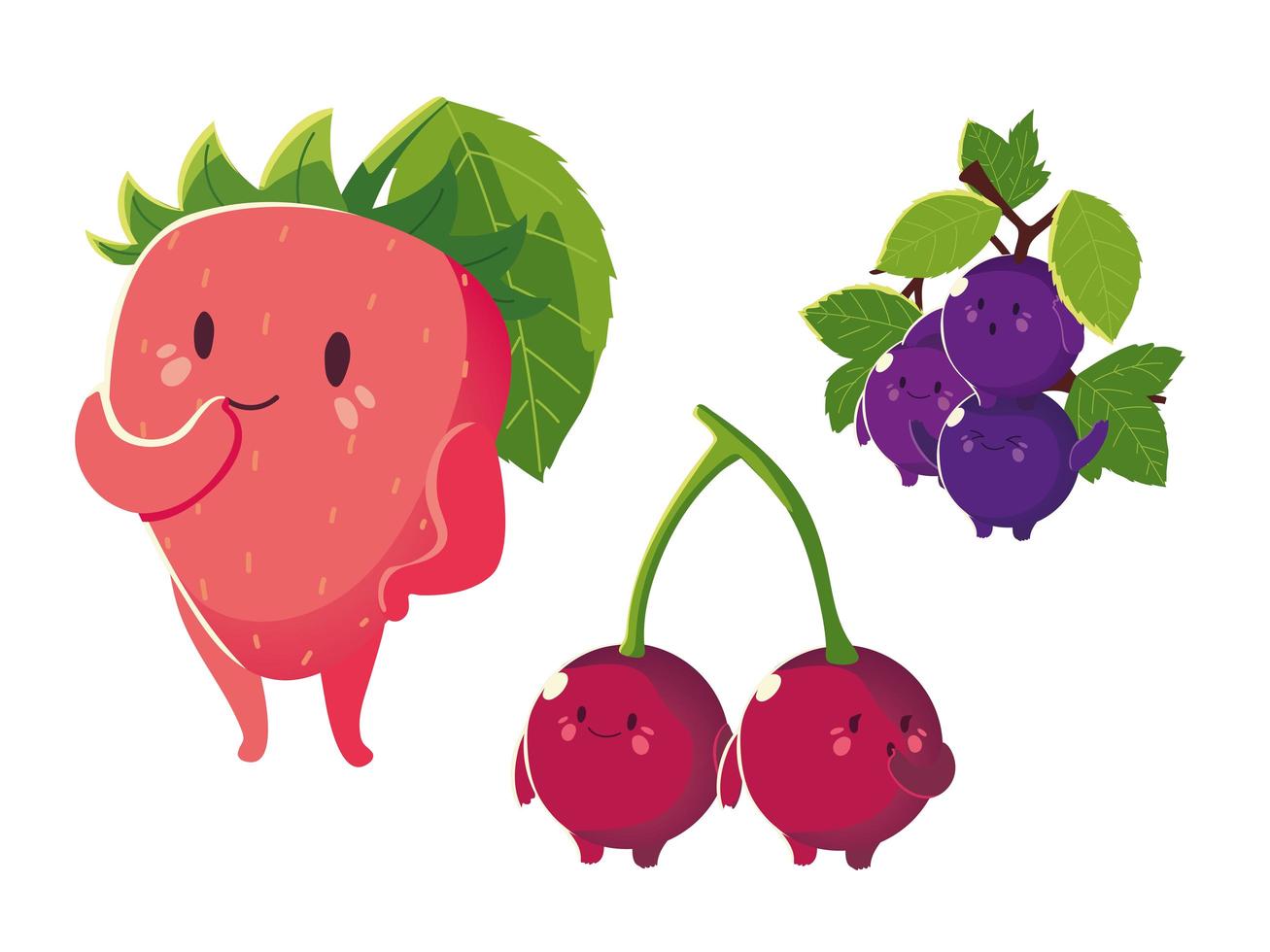 frutas kawaii graciosas cara felicidad fresa uvas y cerezas vector