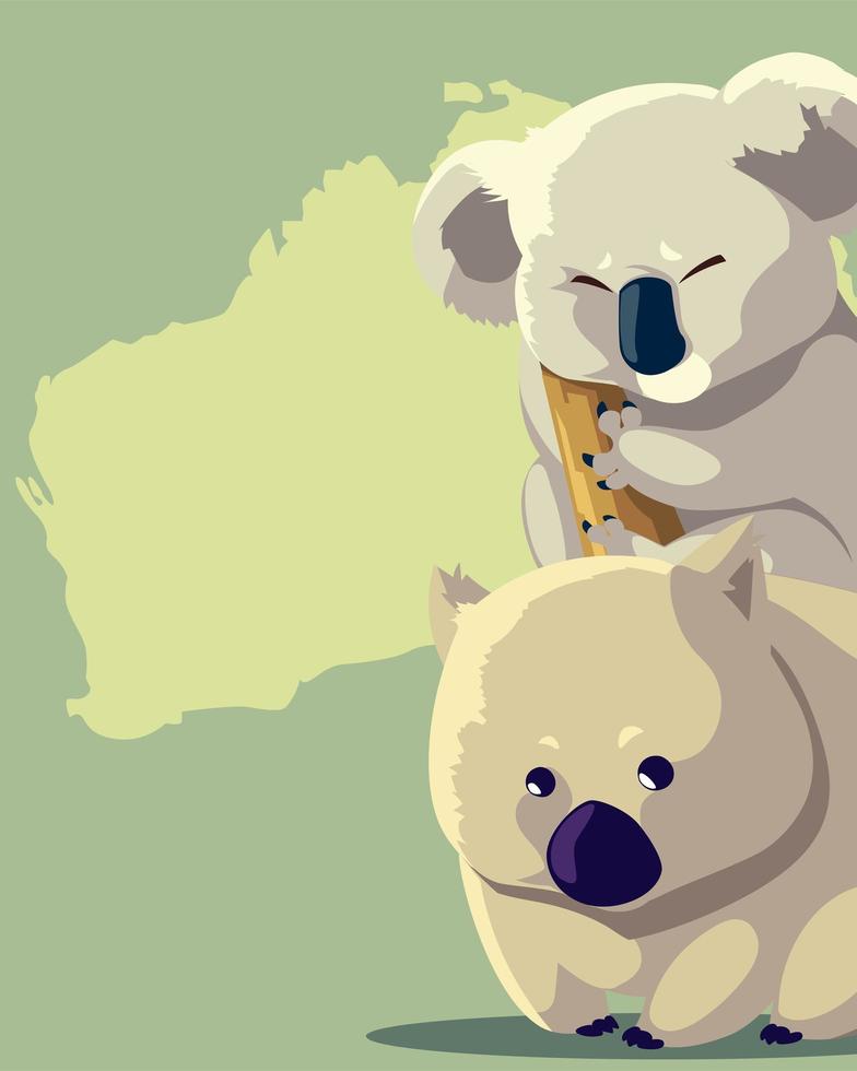 koala and wombat australian continent map animal wildlife vector