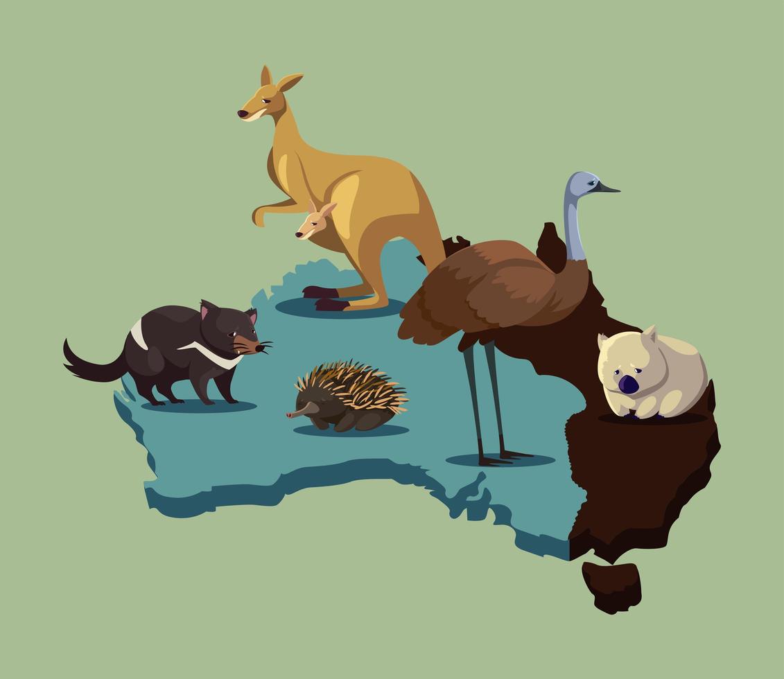 mapa de australia con animales lindos vida silvestre vector