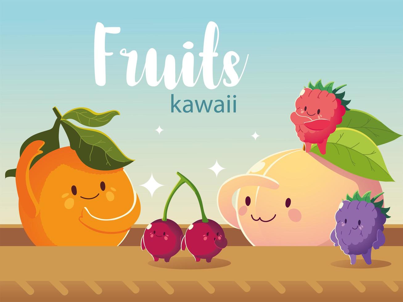 frutas kawaii graciosas caras felicidad naranjas melocotón cereza moras dibujos animados vector