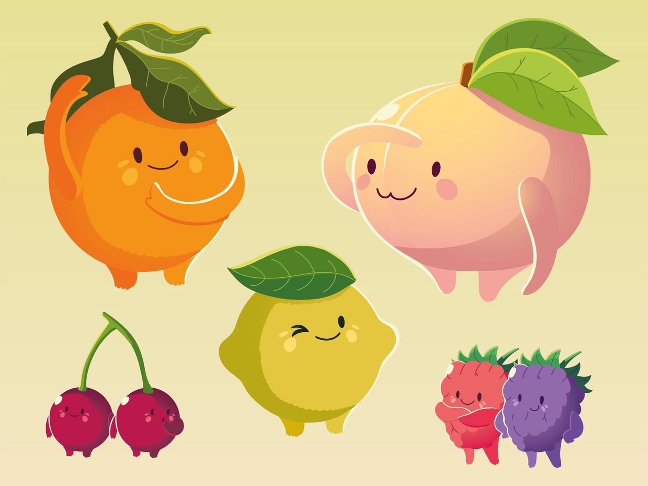 frutas kawaii graciosas caras felicidad dibujos animados naranjas melocotón limón moras y cereza vector