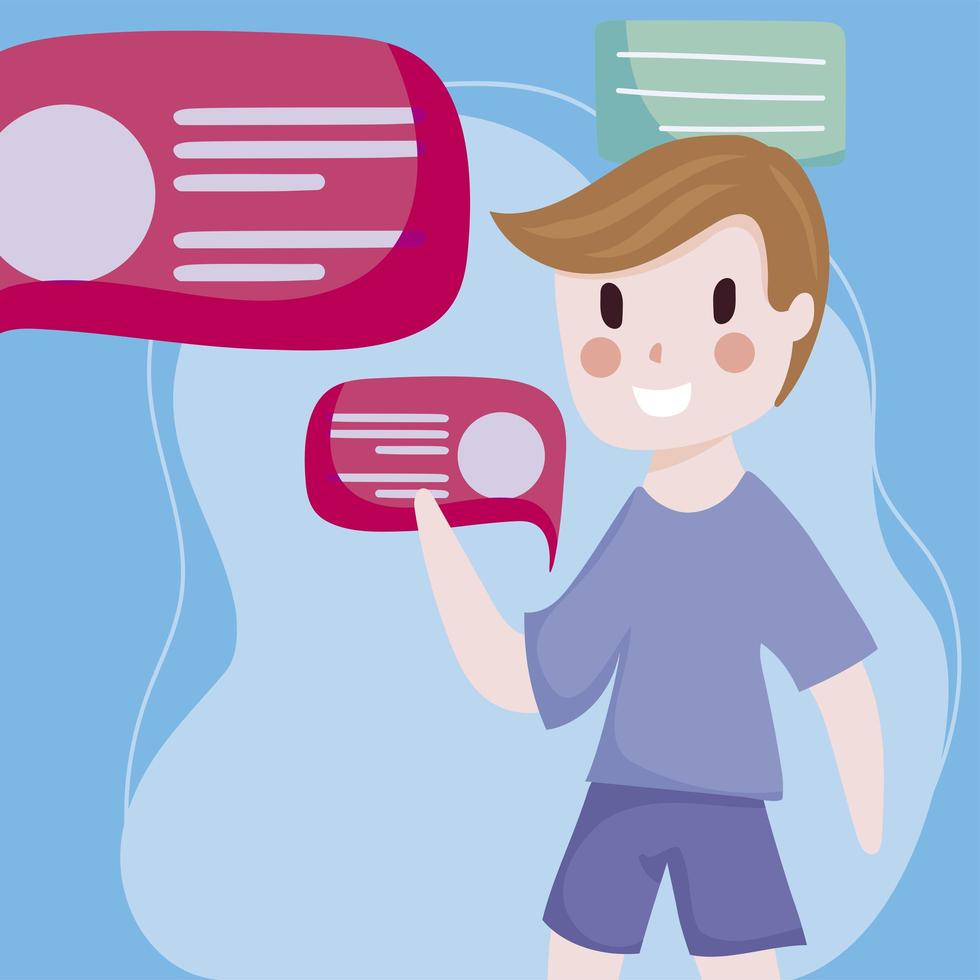 boy speech bubbles social media cartoon vector