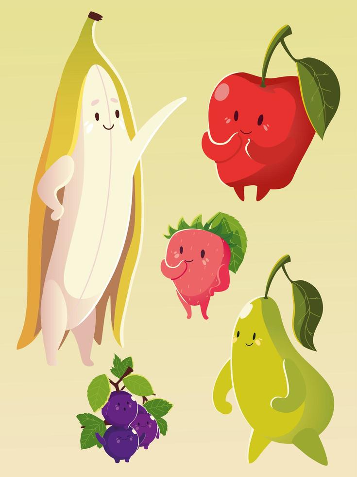 frutas kawaii graciosas caras felicidad plátano manzana pera uvas fresa vector