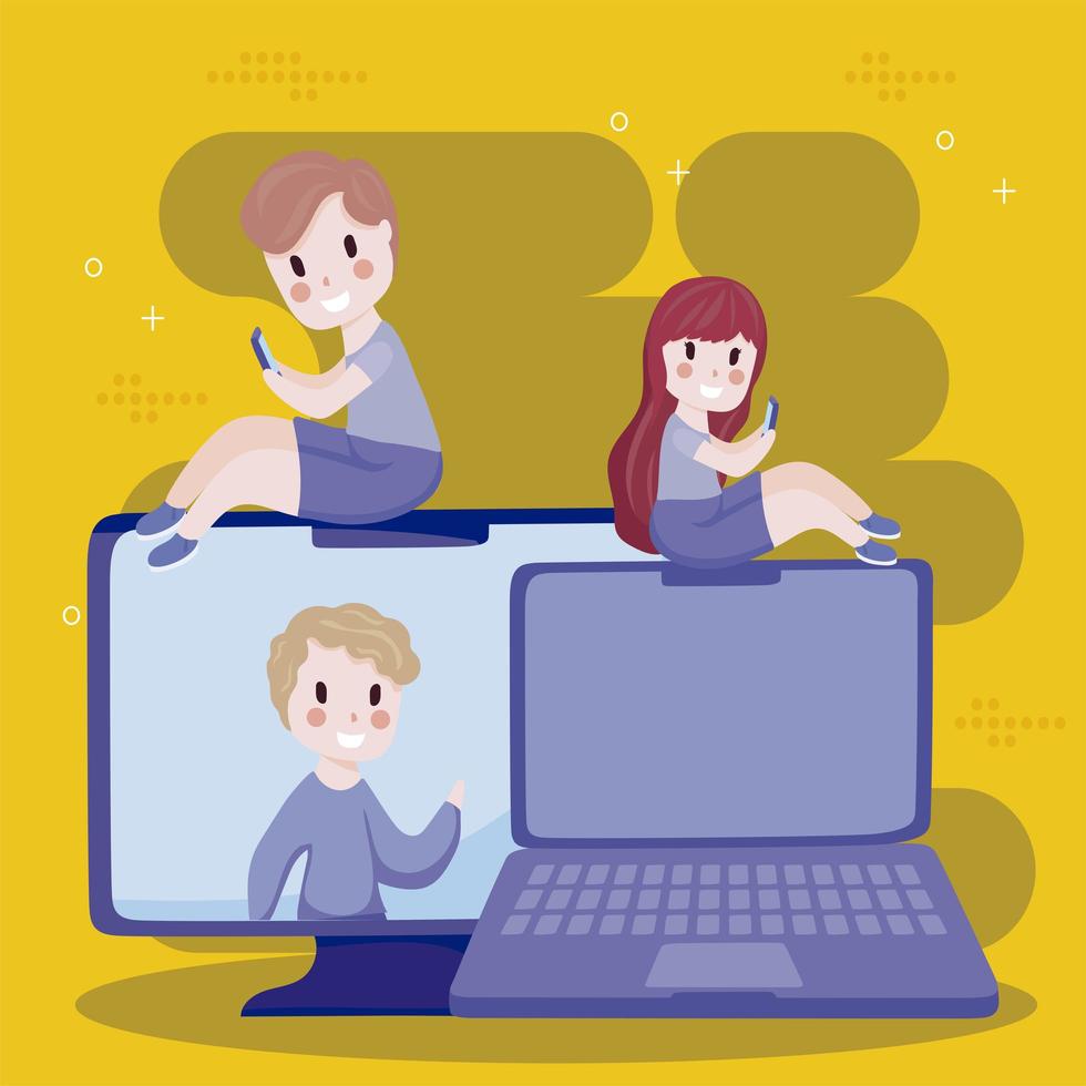 young people using smartphone computer and laptop social media cartoon vector