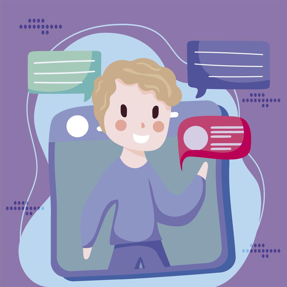 boy website speech bubbles social media cartoon vector