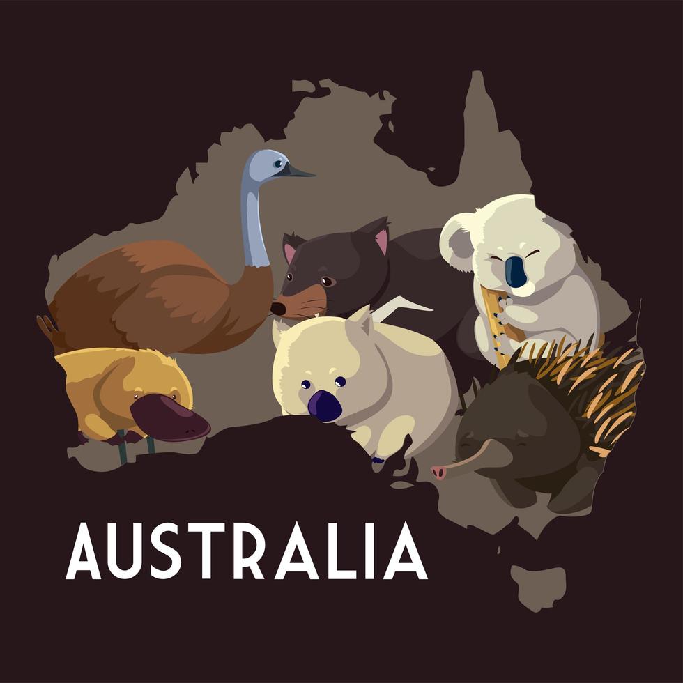 animals australian map wildlife include koala wombat emu hedgehog vector