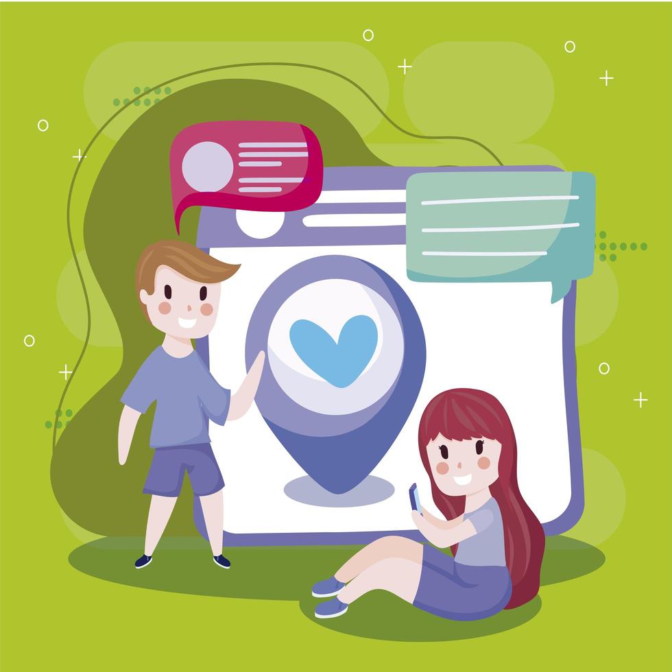 girl with smartphone boy website chatting social media cartoon vector