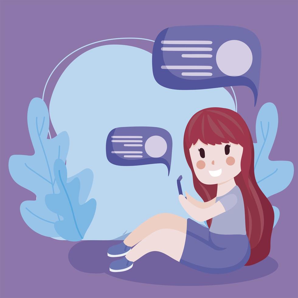 girl sitting using smartphone messages social media cartoon vector