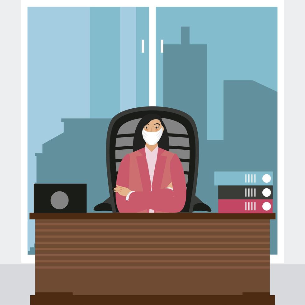 business woman with office workplace desk laptop and binders vector