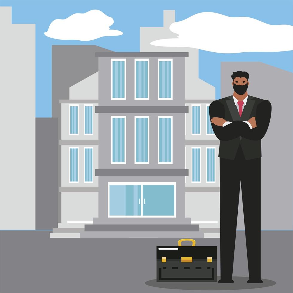 businessman with mask and briefcase successful character vector