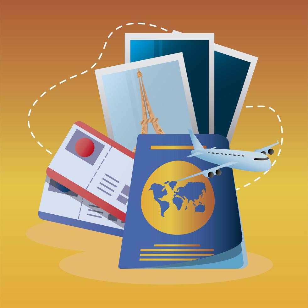 travel plane passport tickets and photos vacations tourism vector