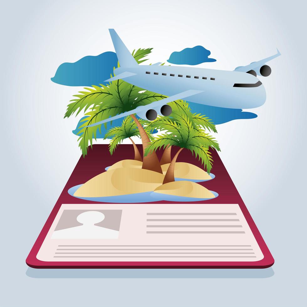 viaje, avión, isla tropical, pasaporte, vacaciones, turismo vector