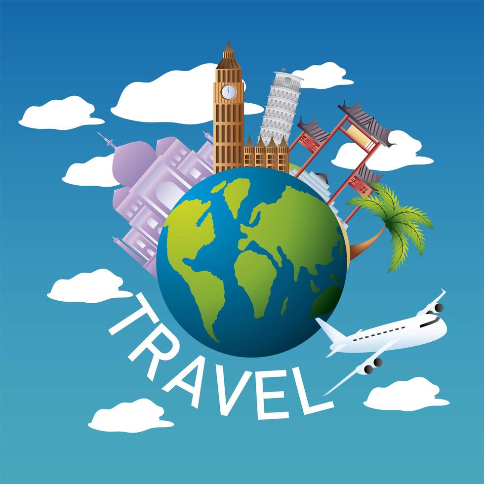 travel airplane world and monuments famous vacations tourism vector