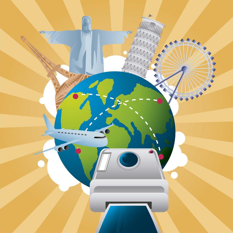 travel around world landmarks plane and camera vacations tourism vector