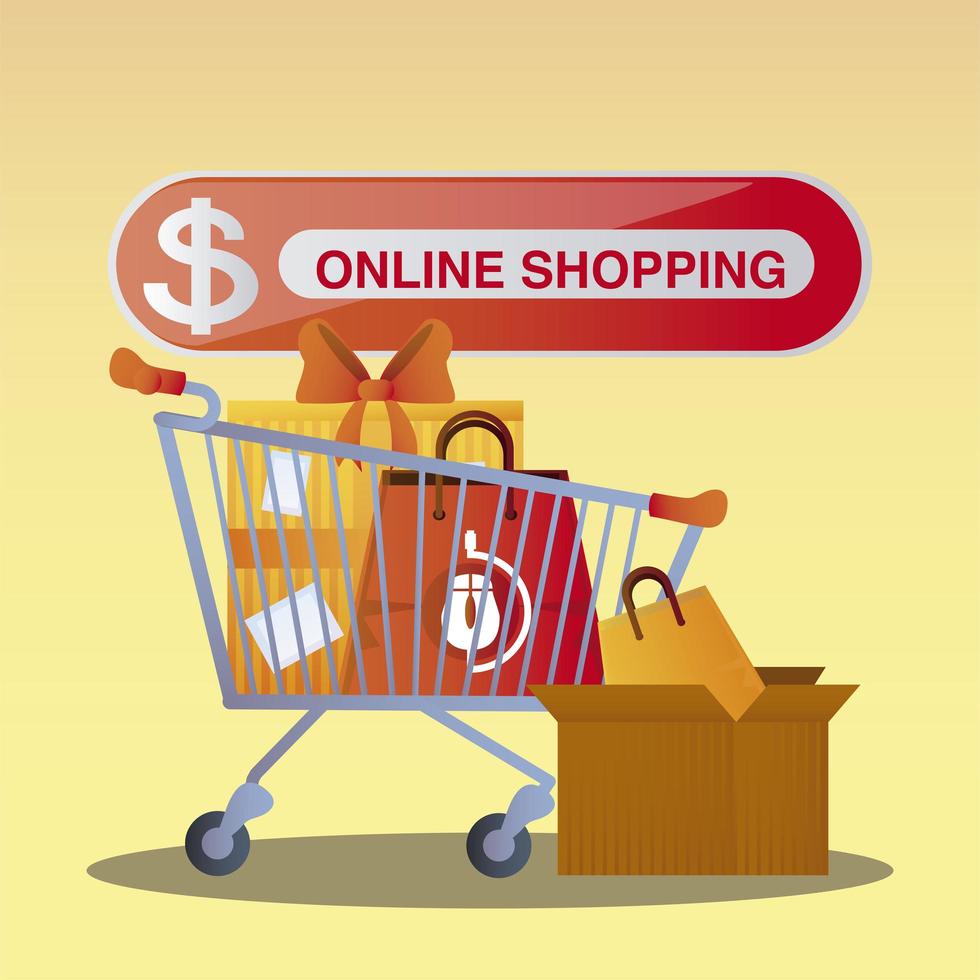 online shopping button cart with gift box and bag vector