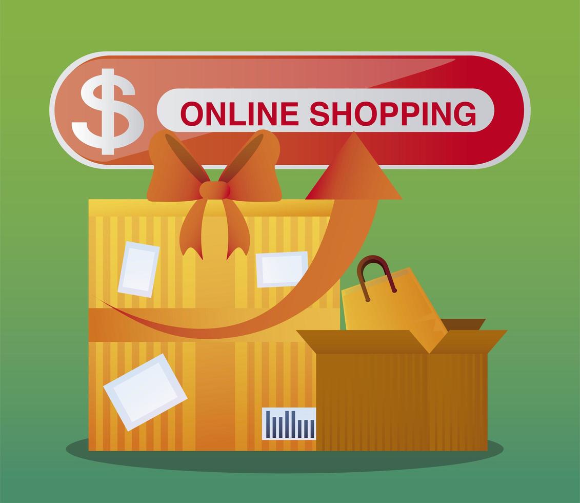 bolsa de caja de regalo de compras en línea haga clic en ordenar digital vector