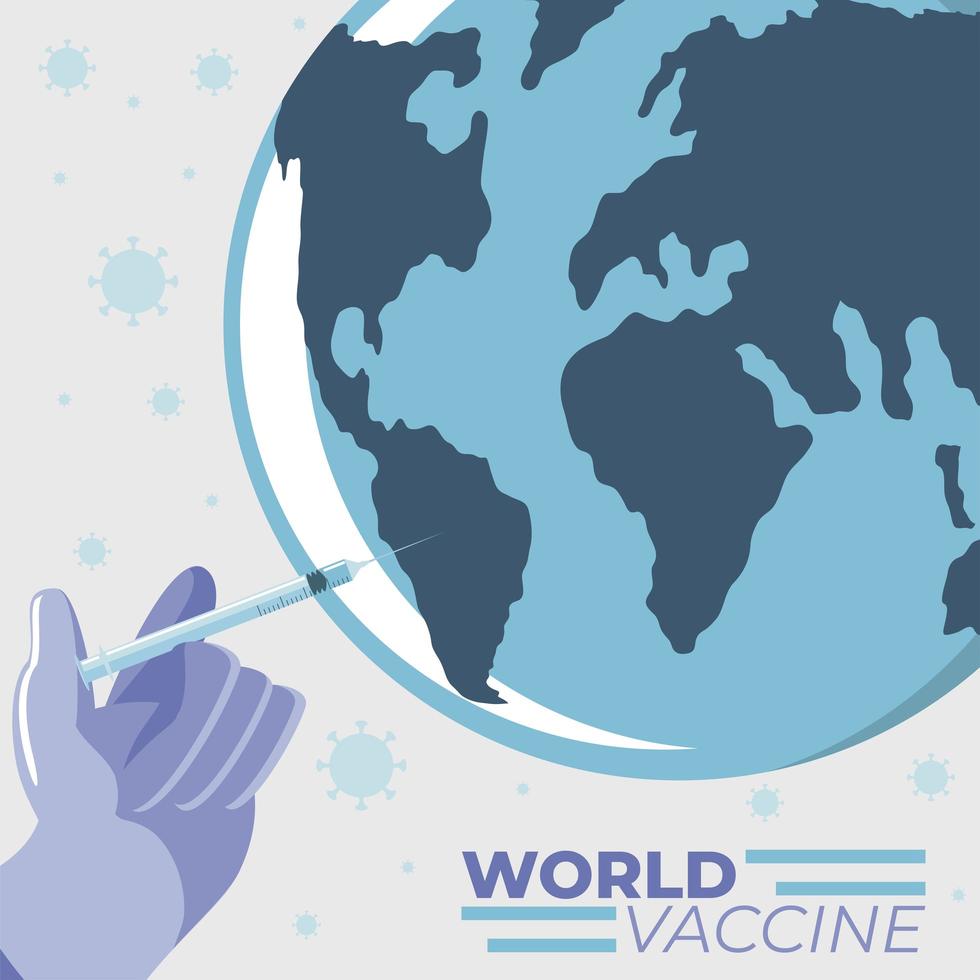 covid 19 vaccine hand medical with syringe inject planet vector