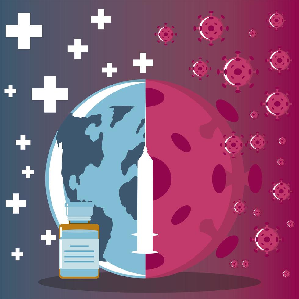 syringe and vial of vaccine protection world against covid 19 vector