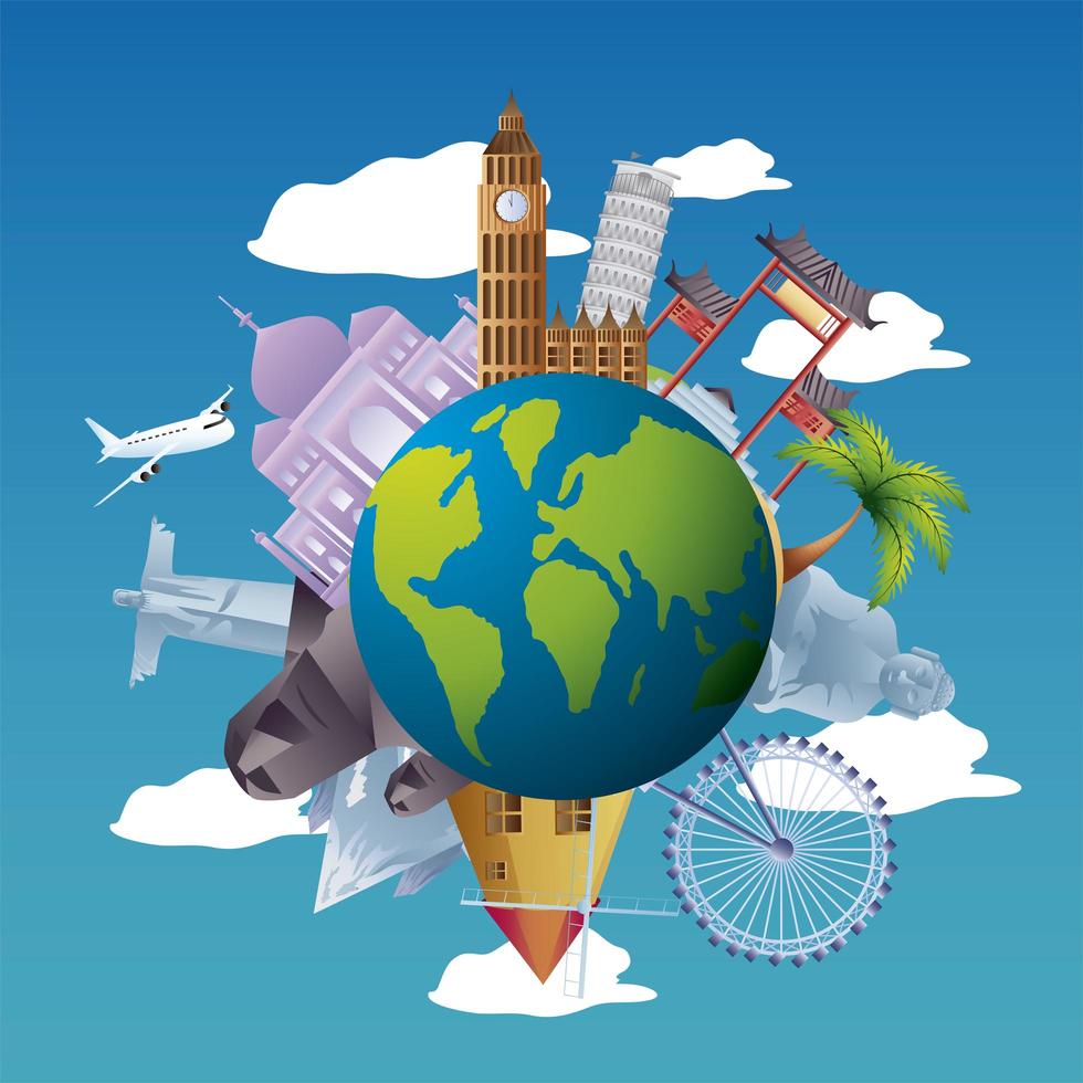 travel around of world with famous landmarks vacations tourism vector