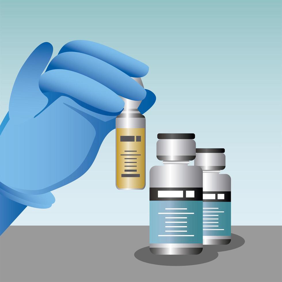 world vaccine hand with medicine vials treatment protection against covid 19 vector