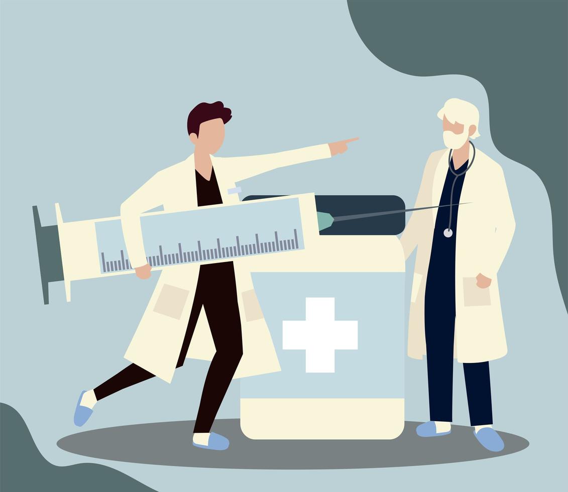 vaccine covid 19 professional doctors with vial and syringe vector