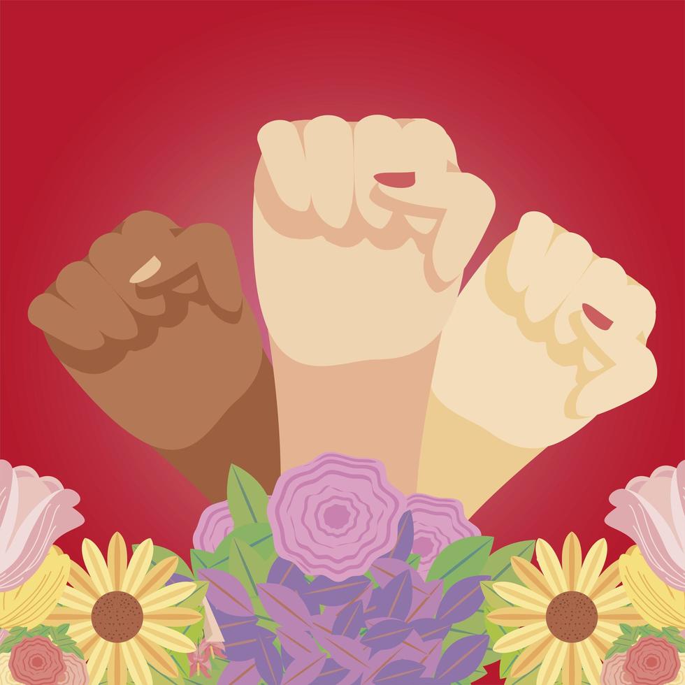 womens day diverse female hands up flowers in cartoon style vector