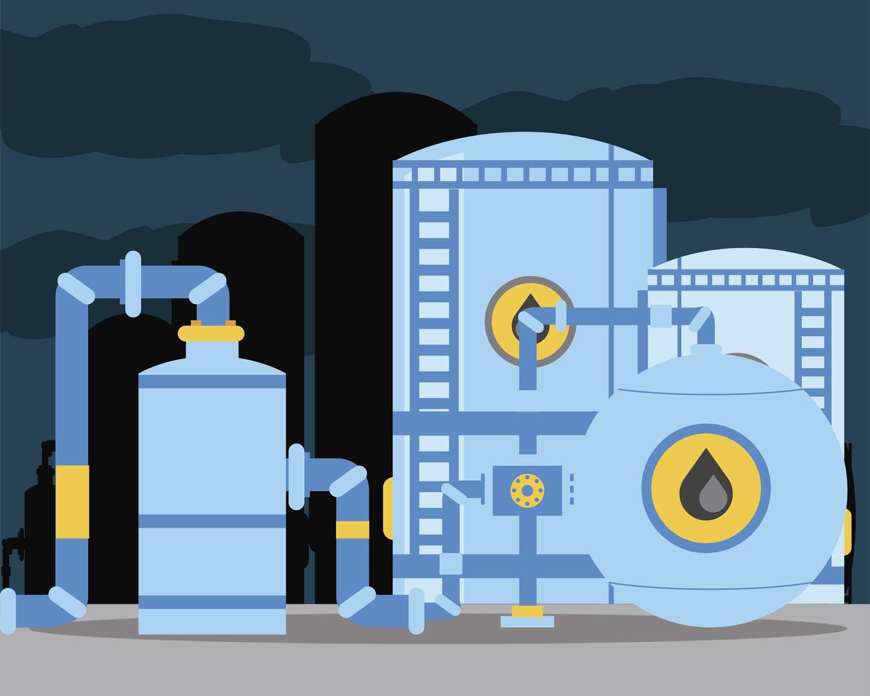 Tanques de petróleo de fracking, almacenamiento de tuberías en la industria de refinerías. vector