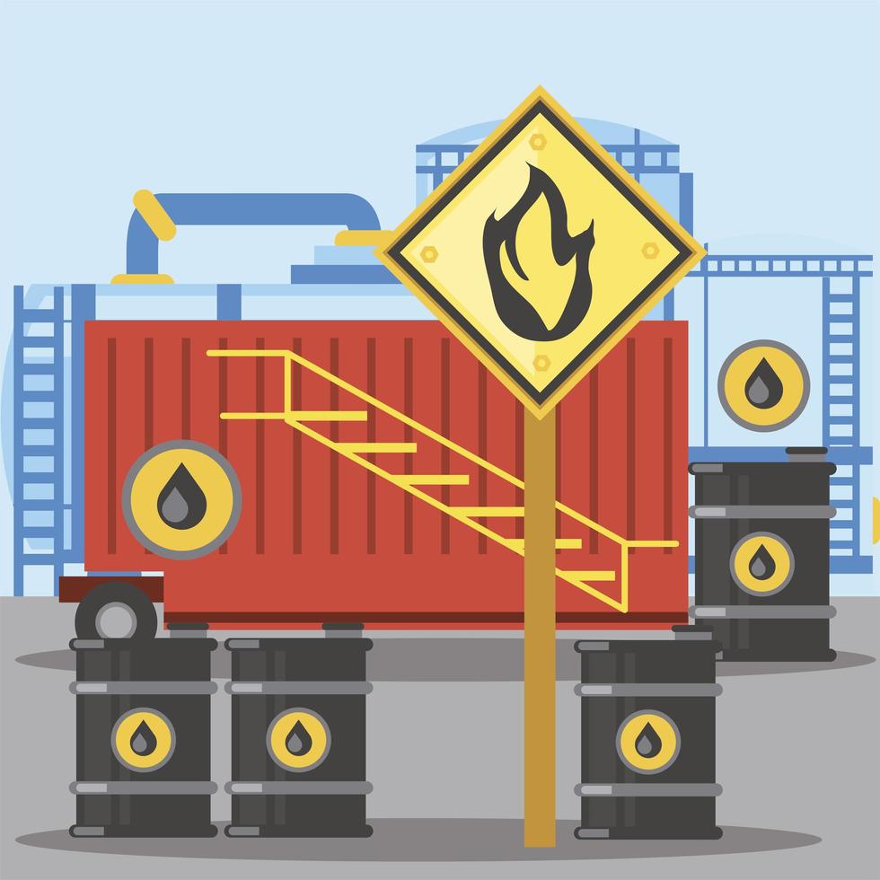 Barriles de aceite de almacenamiento de contenedores de fracking con signo de sustancia inflamable vector