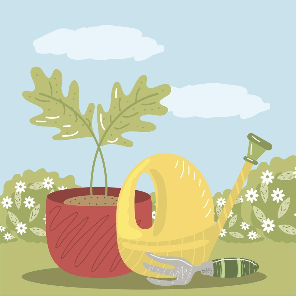home garden rake potted plant and watering can vector