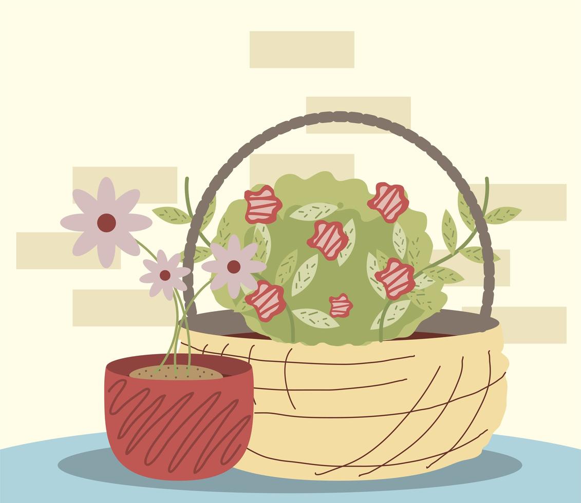 Flores de jardín en casa en cesta de mimbre y decoración de maceta vector
