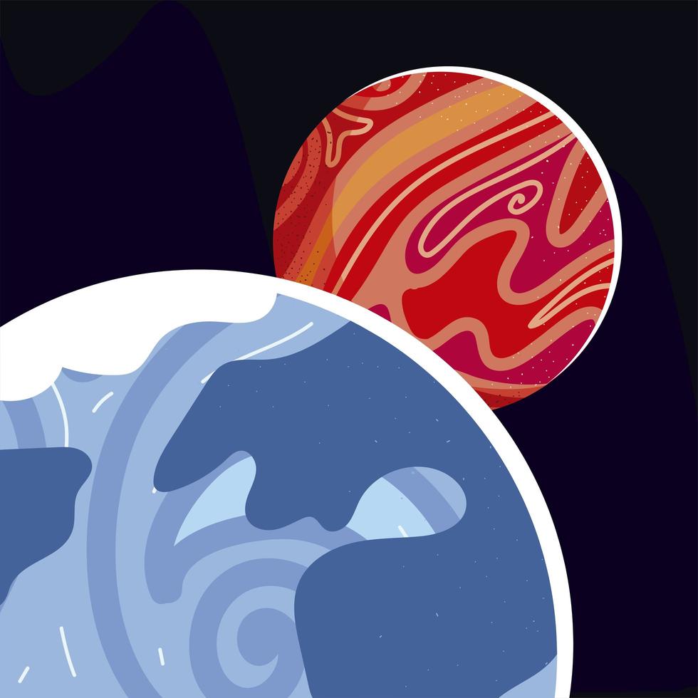 espacio tierra y marte planetas sistema solar diseño de dibujos animados vector