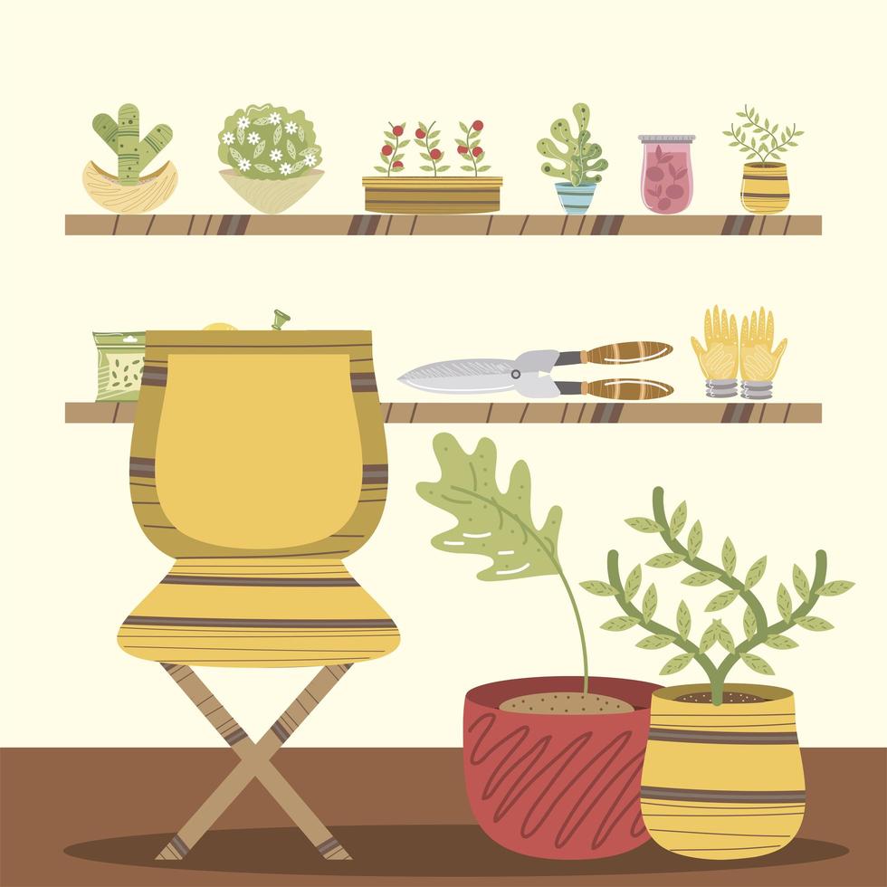 home garden interior chair plants in pot and scissors vector