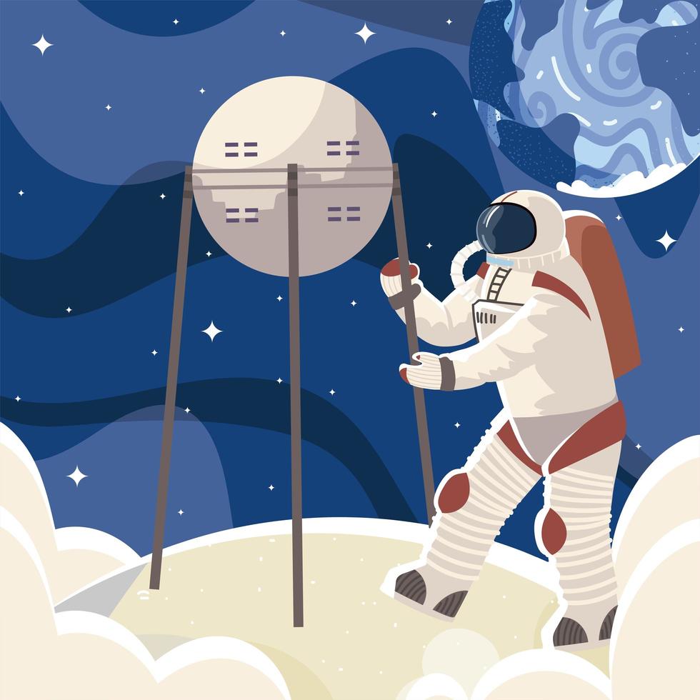 astronaut in spacesuit with satellite on moon space vector
